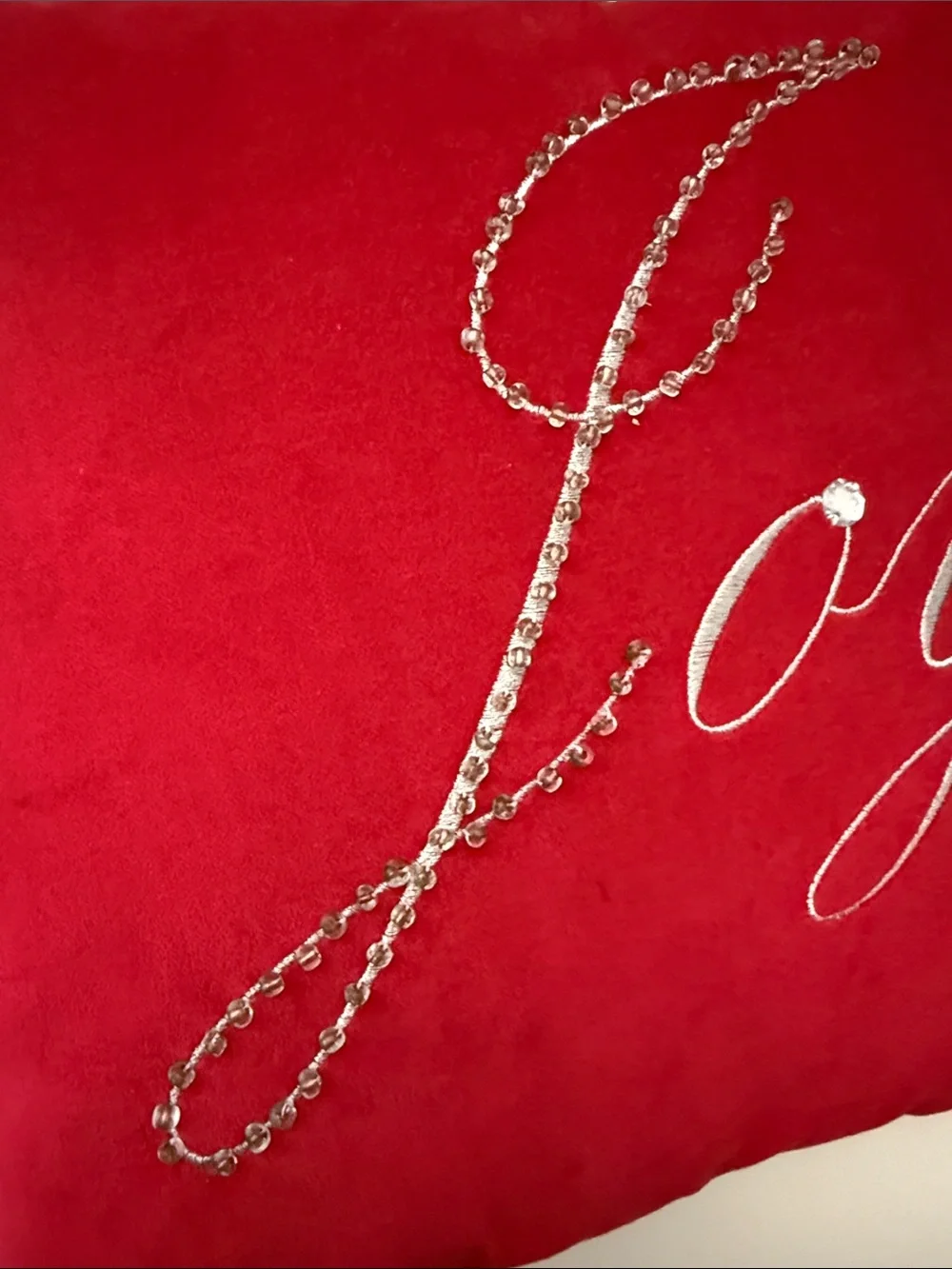 14x14 Red Bling Cursive Embroidered Joy Throw Decor Pillow